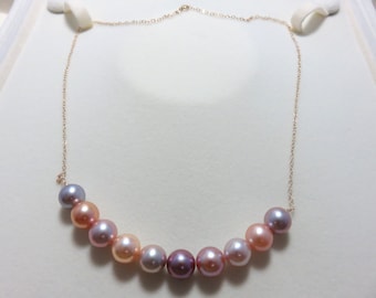 SALE 25 % OFF Natural 10 Pieces (8.5-9mm) Round Color Freshwater High Luster Pearls. 14K Solid Yellow Gold Wire,Round Beads & Chain Necklace