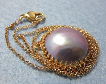 SALE 25 % OFF Natural Copper Pink Mabe Pearl Sumbawa Indonesia, 14K Gold Filled Rolo Chain, Heart Lobster Clasp, Round Bezel Cup Necklace