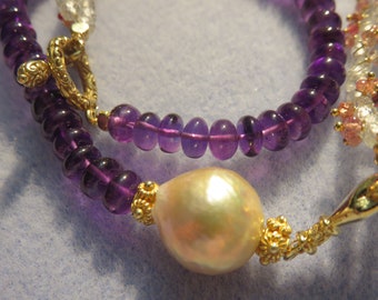 SALE 25 % OFF Genuine Natural Color Massire Kasumi Freshwater Pearl, Amethyst, Topaz, Sapphire Beads, Toggle Clasp, Ring Charm Gold Necklace