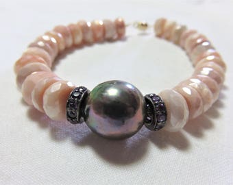 SALE 25% OFF Natural black Fresh Water Pearl,Mystic AB Peach Moonstone,Oxidized Ster Silver Amethyst,14K Yellow Gold Bracelet