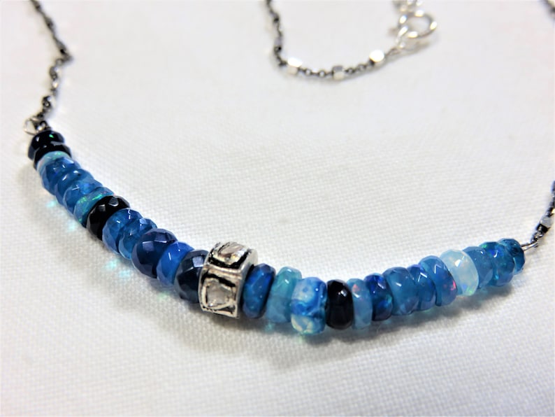 SALE 25/% OFF Natural Blue Opal Roundel Beads Ster Silver Pave Diamonds Roundel Ring Bead /& Oxidized Sterling Silver Necklace