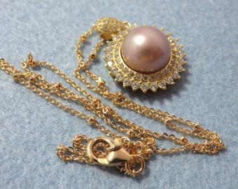 SALE 25 % OFF Natural Round Pink Lavender Color Edison Pearl, 18K Vermeil Gold with Cubic Zirconia Pendant Setting, Lobster Clasp Necklace