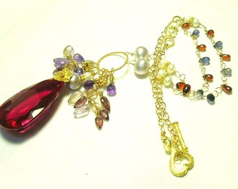 SALE 25% OFF Huge Ruby Red Corundum Quartz faceted pear briolette Vermeil Gold Necklace