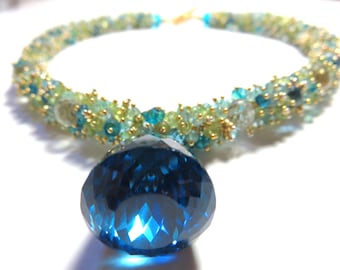 SALE 25% OFF Huge London Blue Topaz Faceted Briolette (64.70ct) Pendant, Amethyst, Quartz, Peridot Necklace