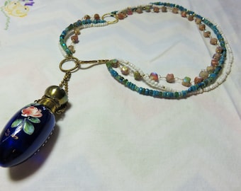 SALE 25% OFF Huge antique victorian rose flower carved blue glass Perfume Bottle over 100 years and Gold Necklace