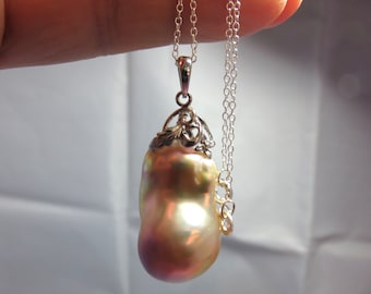 Sale 25% Off Natural Pink Purple Rainbow Freshwater Baroque Pearl, 925 Sterling Silver Flower Pendant Setting and Chain Necklace