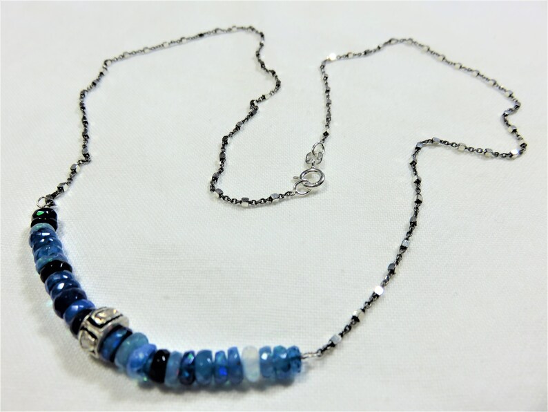 SALE 25/% OFF Natural Blue Opal Roundel Beads Ster Silver Pave Diamonds Roundel Ring Bead /& Oxidized Sterling Silver Necklace