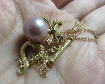 SALE 25 % OFF Natural 18mm Round Edison Pearl, 18K Vermeil Gold Cover Sterling Silver, Heart Toggle Clasp and Bow, CZ Stone Necklace