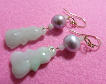 SALE 25 % OFF Natural Genuine Carved Cab Bags Shape Jade Jadeite & Jade Beads,Fresh Water Pearls,14K Gold Filled Earring Wire,Jump Ring,Wire