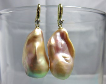 SALE 25 % OFF Natural Pink Purple Freshwater Baroque Rainbow Pearls, 18K Vermeil Gold Earring Wire with Cubic Zirconia Stone