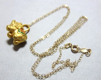 SALE 25 % OFF Pure 999 24K Yellow Gold Elephant 3D Pendant With Enamel, 14K Solid Yellow Gold Chain Necklace