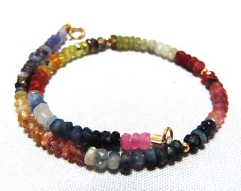 SALE 25 % OFF Natural 3mm Rondelle Sapphire Faceted Beads and 14K Solid Yellow Gold Bracelet