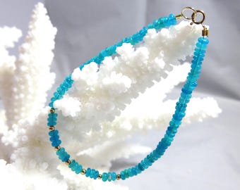SALE 25 % OFF Natural Smooth Blue Opal 3mm Rondelle Beads, 14K Solid Yellow Gold Smooth Round & Crimp Beads, Jump Ring,Spring Clasp Bracelet