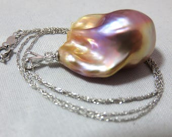 Sale 25%Off Natural Jumbo Pink,Gold Fireball Baroque Pearl,Pearl Mounting w/ Diamond Setting, 14/18K Solid White Gold Setting,Chain Necklace
