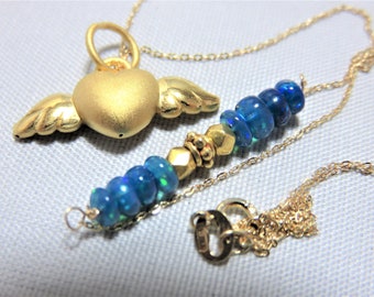 SALE 25% OFF Pure 24K Solid Yellow Gold 3D Angle Heart Pendant with Jump Ring,22K Gold Faceted Bead,Blue Opal beads & 14K/18K Gold Necklace