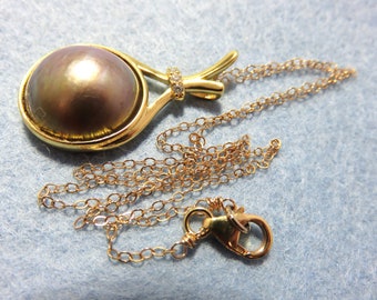 SALE 25 % OFF Natural Copper Pink Mabe Pearl Sumbawa Indonesia, 18K Vermeil Gold w/ CZ Pendant Setting, Wire, Chain, Lobster Clasp Necklace