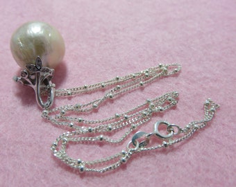 SALE 25 % OFF Natural Freshwater Pearl, 18K Vermeil Gold Butterfly Pin, Sterling Silver Pendant Pearl Setting and Ball Beads Chain Necklace