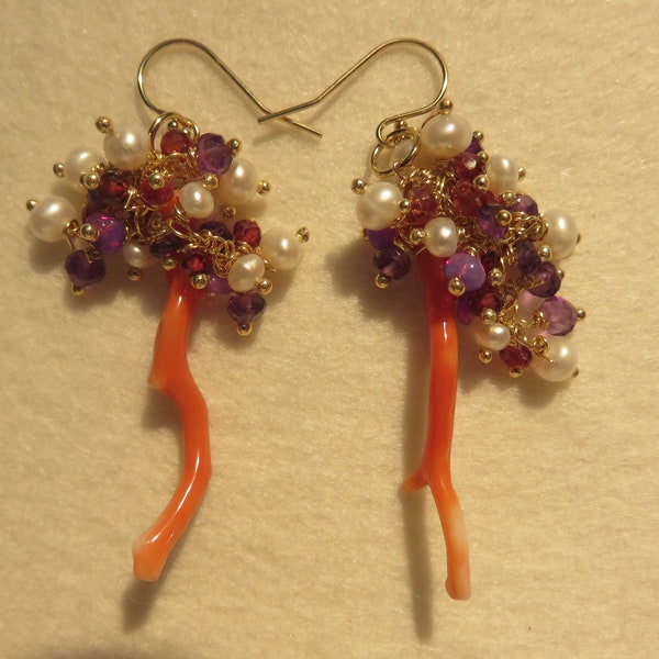 SALE 30 % OFF Natural Salmon Pink Coral Branch, White Fresh Water Smooth Pearls, Amethyst,Garnet, Opal Rondelle Beads Yellow Gold Earrings