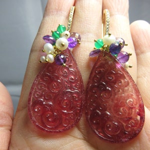 SALE 30 % OFF 40mm Red Drop Jadeite Jade Carved Flower Filigree, 18K Yellow Gold Cover Sterling Silver Earring Hooks, CZ stone, 14K Gold