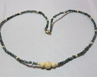 SALE 30 % OFF Natural Blue Green Raw Clips Diamonds, 14K Solid Yellow Gold Stardust Beads and Lobster Clasp Necklace