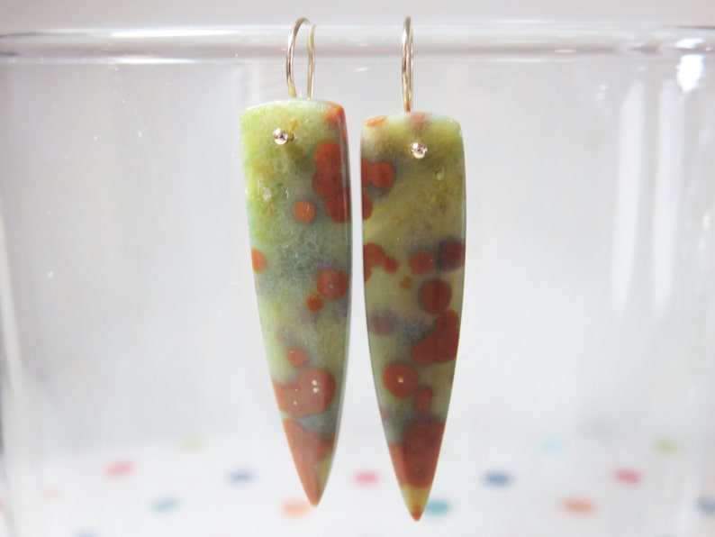SALE 25/% OFF Natural Smooth Ocean Jasper Long Briolettes and 14K Solid Yellow Gold Earwires