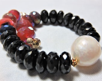 SALE 25% OFF Natural Freshwater Baroque Pearl, Black Spinel & Mystic Carnelian Roundle Beads 14K Sold Yellow Gold Bracelet