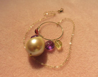 SALE 25 % OFF Genuine Massive Natural Kasumi Fresh Water Pearl, Amethyst, Garnet, Sunstone Beads, Horse Shoe Ring,Solid Yellow Gold Necklace