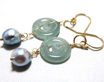 SALE 25 % OFF Natural Guatemalan Ice Sky Blue Jadeite and Silver Blue Japan Akoya Pearls. 14K/18K Solid Yellow Gold Earwires, Ball Head Pins