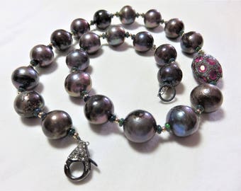 SALE 25% OFF Oxidized Ster Silver Diamonds Red Ruby Oval,natural freshwater Pearl,Black Opal,14K Gold,Ster Silver Necklace