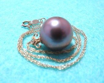 SALE 25 % OFF  Natural 13mm Color Edison Freshwater High Luster Pearl, 14K/18K Solid Yellow Gold 3 Diamond Pearl Mounting and Chain Necklace