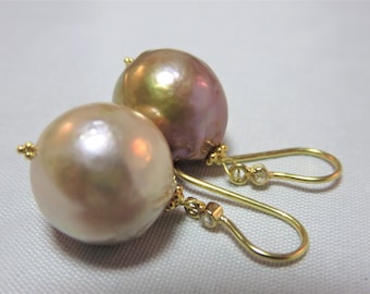 SALE 25 % OFF Natural Color Genuine Edison Freshwater Pearl,18K Gold Earwires,Rose Cut Champagne Diamond Earwire