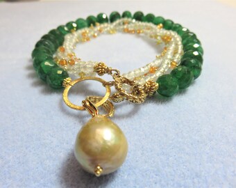 SALE 25 % OFF Genuine (18.7x15.0mm) Massire Kasumi Fresh Water Pearl, Natural Bery Emerald, Topaz & Sapphire Beads Yellow Gold Necklace