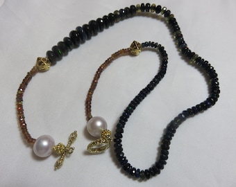 SALE 25 % OFF Natural Light Pink Freshwater Pearls, Black Opal Faceted Rondelle Beads, Toggle Clasp Gold Necklace