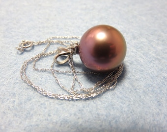 SALE 25 % OFF Natural 14mm Natural Color Edison Freshwater Pearl. 18K Solid White Gold With Diamond Pearl Mounting and Chain Necklace
