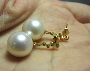 SALE 25 % OFF Natural 12mm Round White Color Edison Pearls and 18K Vermeil Gold with Cubic Zirconia Earring Posts