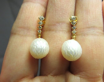 SALE 25 % OFF Natural 9mm Oval White Carved South Sea Pearl and 18K Vermeil Gold Earring Posts with Cubic Zirconia