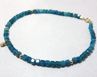SALE 25%OFF Natural Teal Blue Apatite Faceted Cube Bead,14K Solid Yellow Gold Round,Crimp Bead,Jump Ring,Spring Clasp,Diamond Charm Bracelet