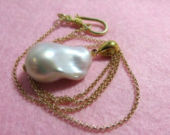 SALE 25 % OFF Natural White Freshwater Fireball Baroque Pearl, 18K Vermeil Gold Cover Sterling Silver, Rolo Chain, Ruby Pendant Pin Necklace