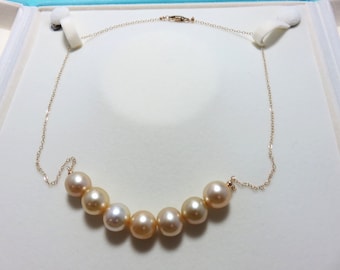 SALE 25 % OFF Natural Real 7 Piece (11-11.5mm) Light Golden South Sea AA Luster Pearls.14K Solid Yellow Gold Wire,Beads,Chain,Clasp Necklace