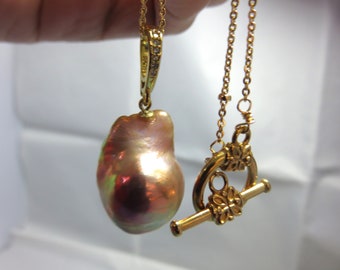 Sale 25% Off Natural Purple Rainbow Freshwater Baroque Pearl, 18K Vermeil Gold Openable Pearl Connector w/ CZ setting,Toggle Clasp Necklace