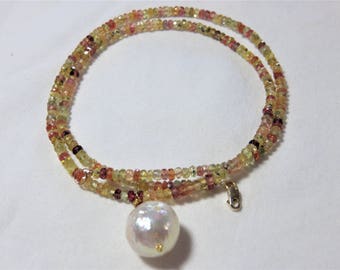 SALE 25% OFF Natural White Fresh Water Kasumi Pearl,Padparadscha Shappire Rondelle Faceted Beads,14K Sold Gold Necklace