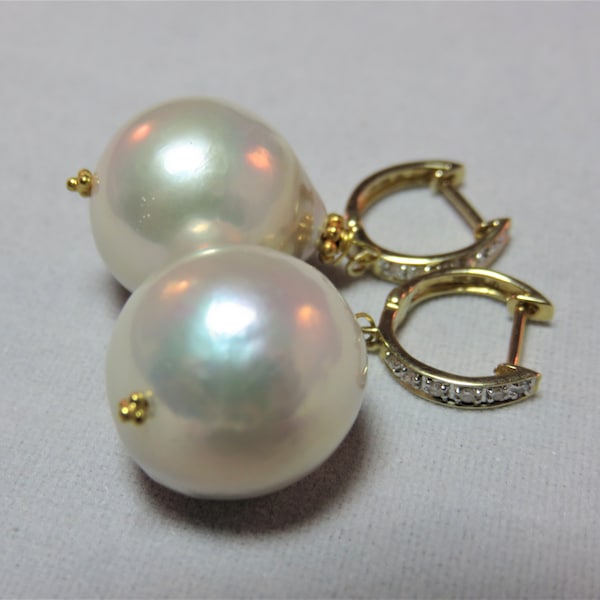 SALE 25% OFF Massive Natural Color Genuine Edison Freshwater Pearl,14K Yellow Gold White Diamond Rounded Leverback Earwires