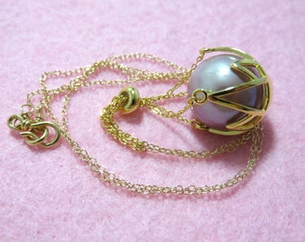 SALE 25 % OFF  Natural Big Round Pink Lavender Color (14.5mm) Freshwater Pearl, 18K Vermeil Yellow Gold Cage Pendant Mounting Necklace
