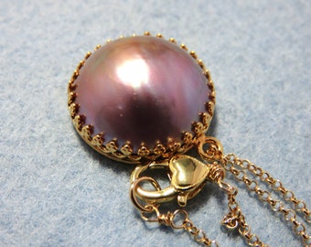 SALE 25 % OFF Natural Copper Pink Mabe Pearl Sumbawa Indonesia, 14K Gold Filled Rolo Chain, Heart Lobster Clasp, Round Bezel Cup Necklace