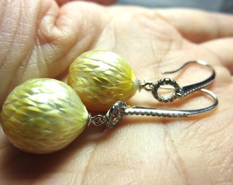 SALE 25 % OFF Natural A+ Yellow Gold carved South Sea Pearl and Sterling Silver earring hook with CZ stone