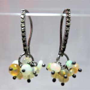 SALE 30% OFF Natural Smooth Rondelle White and Orange Opal Beads, Oxidized Sterling Silver with Rose Cut Diamond Earrings