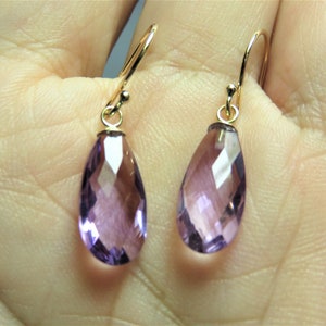 SALE 30% OFF Natural Amethyst Larender Color Faceted Briolettes (14x7mm), 14K Solid Yellow Gold Earwires and Beadcaps