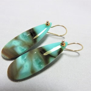 May include: A pair of teardrop-shaped earrings with a blue and brown marbled pattern. The earrings are made of gold and have a simple hook closure.