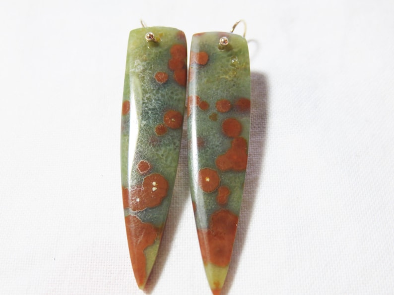SALE 25/% OFF Natural Smooth Ocean Jasper Long Briolettes and 14K Solid Yellow Gold Earwires