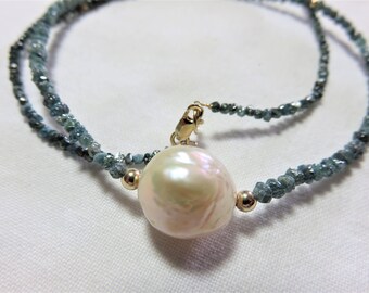 SALE 25% OFF Natural Blue and Green Rough Diamonds, White Kasumi Fresh Water Pearl and 14K Sold Yellow Gold Necklace